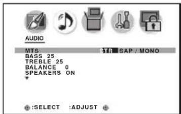 AUDIO MTS BASS 25 TREBLE 25 BALANCE 0 SPEAKERS ON ★:SELECT :ADJUST