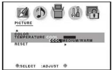 PICTURE COLOR TEMPERATURE COOL MEDIUM/WARM RESET COOL SELECT :ADJUST