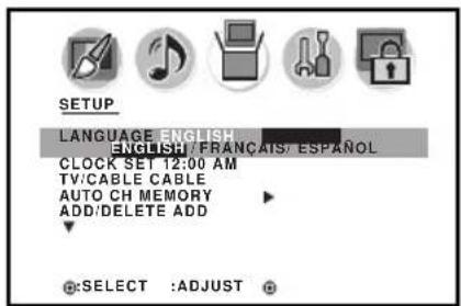 SETUP LANGUAGE ENGLISH ENGLISH / FRANÇAIS / ESPAÑOL CLOCK SET 12:00 AM TV/CABLE CABLE AUTO CH MEMORY ADD/DELETE ADD SELECT :ADJUST