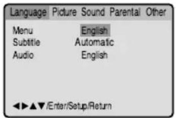 Language Picture Sound Parental Other Menu English Subtitle Automatic Audio English ◀▶▲▼/Enter/Setup/Return