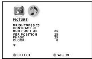 PICTURE BRIGHTNESS 25 CONTRAST 50 HOR POSITION 25 VER POSITION 25 PHASE 25 CLOCK 0 SELECT ADJUST