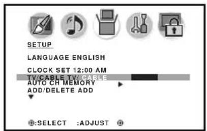SETUP LANGUAGE ENGLISH CLOCK SET 12:00 AM TV/CABLE TV/CABLE AUTO CH MEMORY ADD/DELETE ADD SELECT :ADJUST