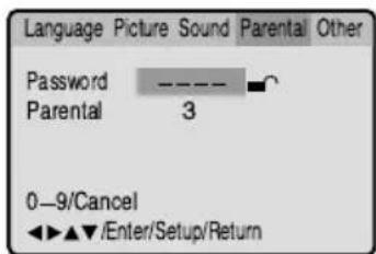 Language Picture Sound Parental Other Password ———— Parental 3 0—9/Cancel ◄►▲▼/Enter/Setup/Return