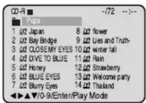 CD-R Pops 1 # Japan 8 # flower 2 # Bay Bridge 9 # Lies and Truth- 3 # CLOSEMY EYES 10 # winter fall 4 # DIVE TO BLUE 11 # Rain 5 # Honey 12 # Strawberry 6 # BLUE EYES 13 # Welcome party 7 # Burry Eyes 14 # Thailand ◀ ▶ ▼/0-9/Enter/Play Mode