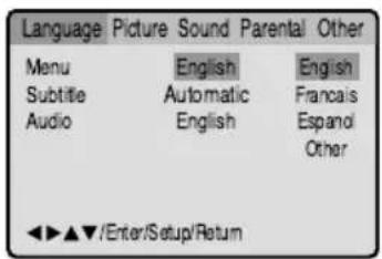 Language Picture Sound Parental Other Menu English English Subtitle Automatic Francais Audio English Espanol Other ◀▶▲▼/Enter/Setup/Return