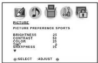 PICTURE PICTURE PREFERENCE SPORTS BRIGHTNESS 25 CONTRAST 50 COLOR 25 TINT 0 SHARPNESS 25 SELECT :ADJUST