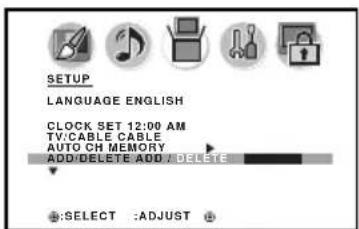 SETUP LANGUAGE ENGLISH CLOCK SET 12:00 AM TV/CABLE CABLE AUTO CH MEMORY ADD/DELETE ADD / DELETE + :SELECT :ADJUST +