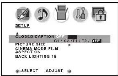 SETUP CLOSED CAPTION OFF C1 / C2 / T1 / T2 / OFF PICTURE SIZE CINEMA MODE FILM ASPECT ON BACK LIGHTING 16 + :SELECT :ADJUST +