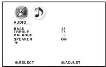 AUDIO BASS 25 TREBLE 25 BALANCE 0 SPEAKER ON SELECT ADJUST