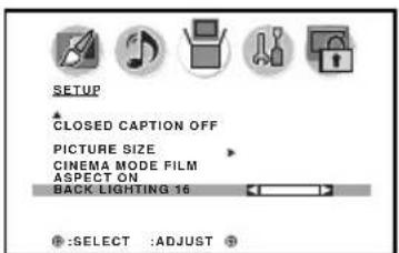 SETUP CLOSED CAPTION OFF PICTURE SIZE CINEMA MODE FILM ASPECT ON BACK LIGHTING 16 : SELECT :ADJUST