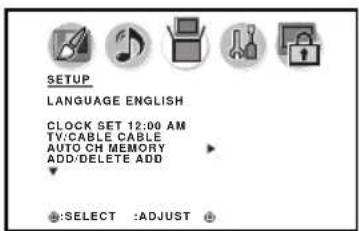 SETUP LANGUAGE ENGLISH CLOCK SET 12:00 AM TV/CABLE CABLE AUTO CH MEMORY ADD/DELETE ADD SELECT :ADJUST