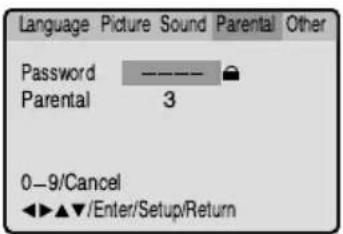 Language Picture Sound Parental Other Password ———— Parental 3 0—9/Cancel ◀◀ ▲▼/Enter/Setup/Return