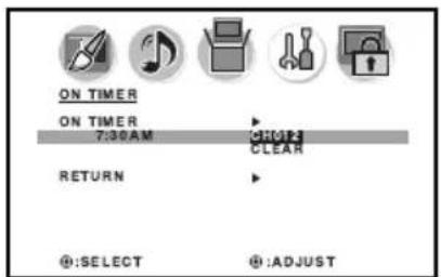 ON TIMER ON TIMER 7:30AM CHANGE CLEAR RETURN @ :SELECT +:ADJUST