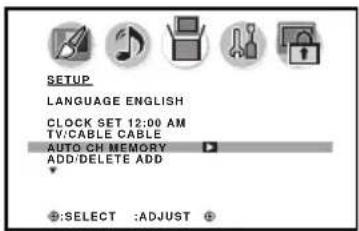 SETUP LANGUAGE ENGLISH CLOCK SET 12:00 AM TV/CABLE CABLE AUTO-CH MEMORY ADD/DELETE ADD SELECT :ADJUST