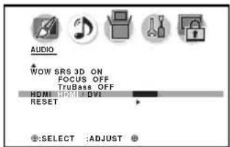 AUDIO WOW SRS 3D ON FOCUS OFF TruBass OFF HOMI GRIE BVI RESET :SELECT :ADJUST