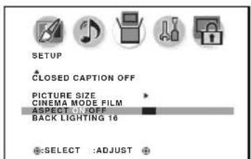SETUP CLOSED CAPTION OFF PICTURE SIZE CINEMA MODE FILM ASPECT: OFF BACK LIGHTING 16 SELECT :ADJUST