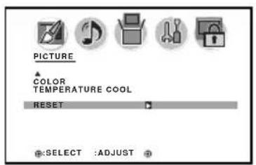 PICTURE ▲ COLOR TEMPERATURE COOL RESET OK:SELECT :ADJUST