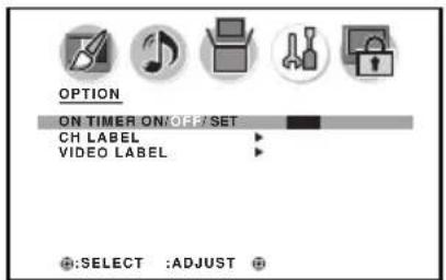 OPTION ON TIMER ON/OFF SET CH LABEL VIDEO LABEL :SELECT :ADJUST