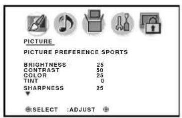 PICTURE PICTURE PREFERENCE SPORTS BRIGHTNESS 25 CONTRAST 50 COLOR 25 TINT 0 SHARPNESS 25 SELECT :ADJUST
