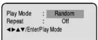 Play Mode : Random Repeat : Off ◀▶▲▼/Enter/Play Mode