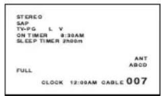 STEREO SAP TV-PG L V ON TIMER 9:30AM SLEEP TIMER 2400m FULL CLOCK 12:00AM CABLE 007 ANT ABCD