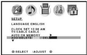 SETUP LANGUAGE ENGLISH CLOCK SET 12:00 AM TV/CABLE CABLE AUTO CH MEMORY ADD/DELETE AUTO DEL SELECT :ADJUST