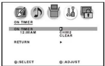 ON TIMER ON TIMER 12:00AM CH002 CLEAR RETURN @ :SELECT @:ADJUST