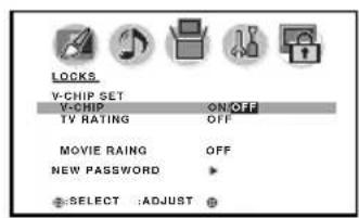 LOCKS V-CHIP SET V-CHIP ON OFF TV RATING OFF MOVIE RAING OFF NEW PASSWORD SELECT :ADJUST