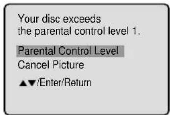 Your disc exceeds the parental control level 1. Parental Control Level Cancel Picture ▲▼/Enter/Return