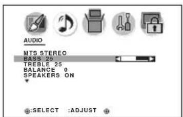 AUDIO MTS STEREO BASS 25 TREBLE 25 BALANCE 0 SPEAKERS ON SELECT :ADJUST