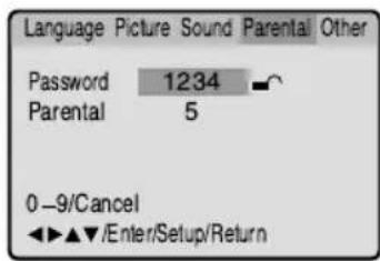 Language Picture Sound Parental Other Password 1234 Parental 5 0-9/Cancel ◀◀▲▼/Enter/Setup/Return