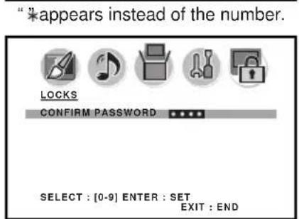 "*appears instead of the number. LOCKS CONFIRM PASSWORD SELECT : [0-9] ENTER : SET EXIT : END