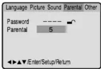 Language Picture Sound Parental Other Password ---- Parental 5 ◀◀ ▲▼ /Enter/Setup/Return
