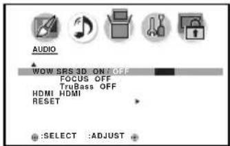 AUDIO WOW SRS 3D ON OFF FOCUS OFF TruBass OFF HDMI HDMI RESET :SELECT :ADJUST