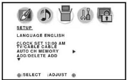 SETUP LANGUAGE ENGLISH CLOCK SET 12:00 AM TV/CABLE CABLE AUTO CH MEMORY ADD/DELETE ADD SELECT :ADJUST