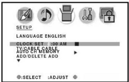 SETUP LANGUAGE ENGLISH CLOCK SET 8:00 AM TV/CABLE CABLE AUTO CH MEMORY ADD/DELETE ADD SELECT :ADJUST