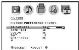 PICTURE PICTURE PREFERENCE SPORTS BRIGHTNESS 25 CONTRAST 50 COLOR 25 TINT 0 SHARPNESS 25 ●:SELECT :ADJUST ●