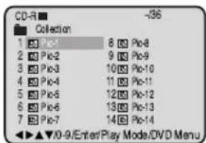CD-R Collection 1 50 Pic4 8 50 Pic4 2 50 Pic2 9 50 Pic9 3 50 Pic3 10 50 Pic10 4 50 Pic4 11 50 Pic11 5 50 Pic5 12 50 Pic12 6 50 Pic6 13 50 Pic13 7 50 Pic7 14 50 Pic14 ▶ ▲ ▼/0-9/Enter/Play Mode/DVD Menu