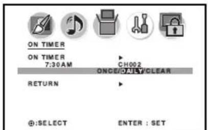 ON TIMER ON TIMER 7:30AM CH002 ONCE/DAILY/CLEAR RETURN @ :SELECT ENTER : SET