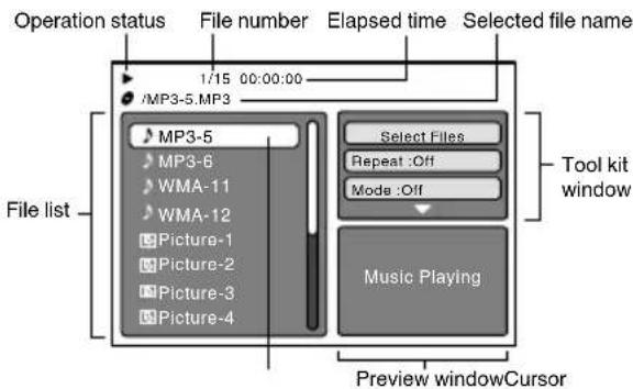 Operation status File number Elapsed time Selected file name 1/15 00:00:00 /MP3-5.MP3 MP3-5 MP3-6 WMA-11 WMA-12 Picture-1 Picture-2 Picture-3 Picture-4 File list Select Files Repeat :Off Mode :Off Music Playing Tool kit window Preview windowCursor