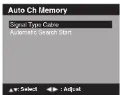 Auto Ch Memory Signal Type Cable Automatic Search Start Select : Adjust