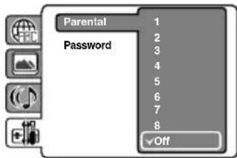 Parental Password 1 2 3 4 5 6 7 8 Off