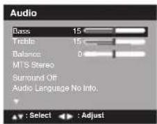 Audio Bass 15 Triple 15 Balance 0 MT'S Stereo Surround Off Audio Language No Into. : Select : Adjust