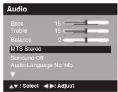 Audio Bass 15 Treble 15 Balance 0 MTS Stereo Surround Off Audio Language No Info. ▼ : Select ▶ : Adjust
