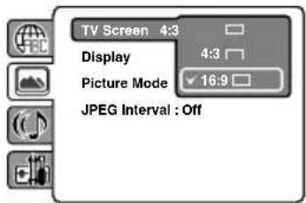 TV Screen 4:3 Display 4:3 Picture Mode ✓ 16:9 JPEG Interval : Off