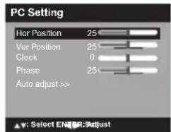 PC Setting Hor Position 25 Ver Position 25 Clock 0 Phase 25 Auto adjust >> Select EN: A: Adjust