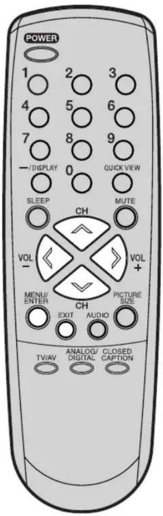 POWER 1 2 3 4 5 6 7 8 9 -/DISPLAY 0 QUICK VIEW SLEEP MUTE CH VOL VOL MENU + ENTER CH PICTURE EXIT AUDIO SIZE TV/AV ANALOG/ CLOSED DIGITAL CAPTION