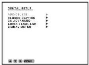 DIGITAL SETUP ADD/DELETE CLOSED CAPTION CC ADVANCED AUDIO LANGUAGE SIGNAL METER MENU