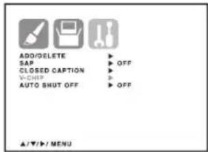ADD/DELETE SAP CLOSED CAPTION V-CHIP AUTO SHUT OFF OFF OFF ▲/▼/►/ MENU