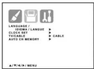 LANGUAGE / IDOMA / LANGUE CLOCK SET TV/CABLE AUTO CH MEMORY CABLE ▲/▼/◄►/ MENU